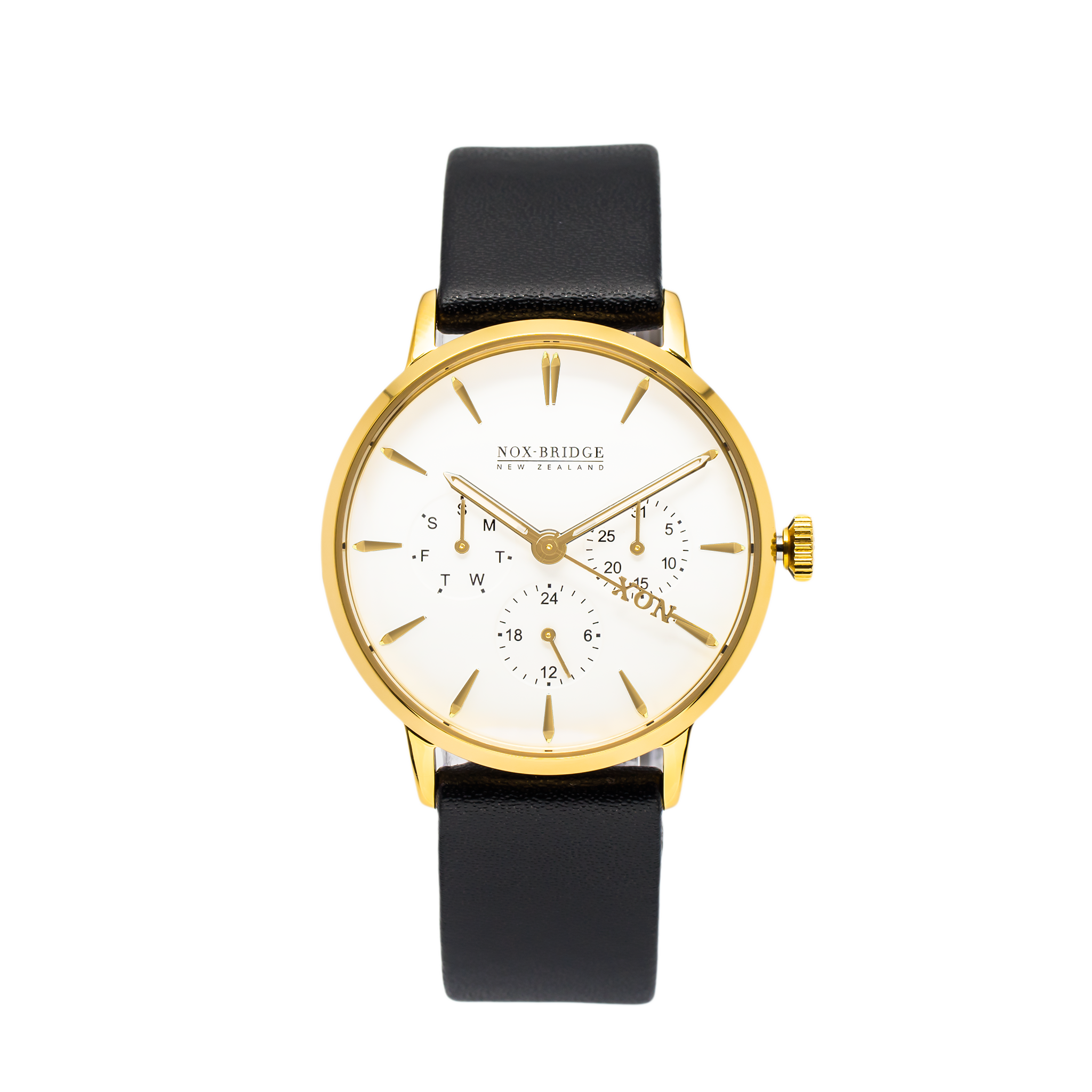 Noxbridge Classic Capella gold 36MM watch with white dial and black leather strap