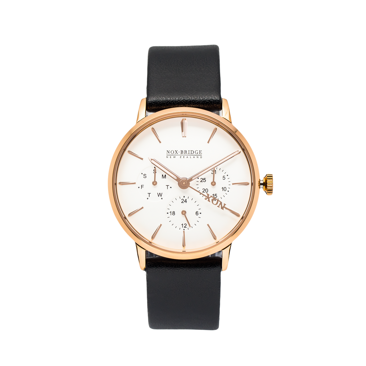 Noxbridge Classic Capella rose gold 36MM chronograph watch with white dial and black leather strap