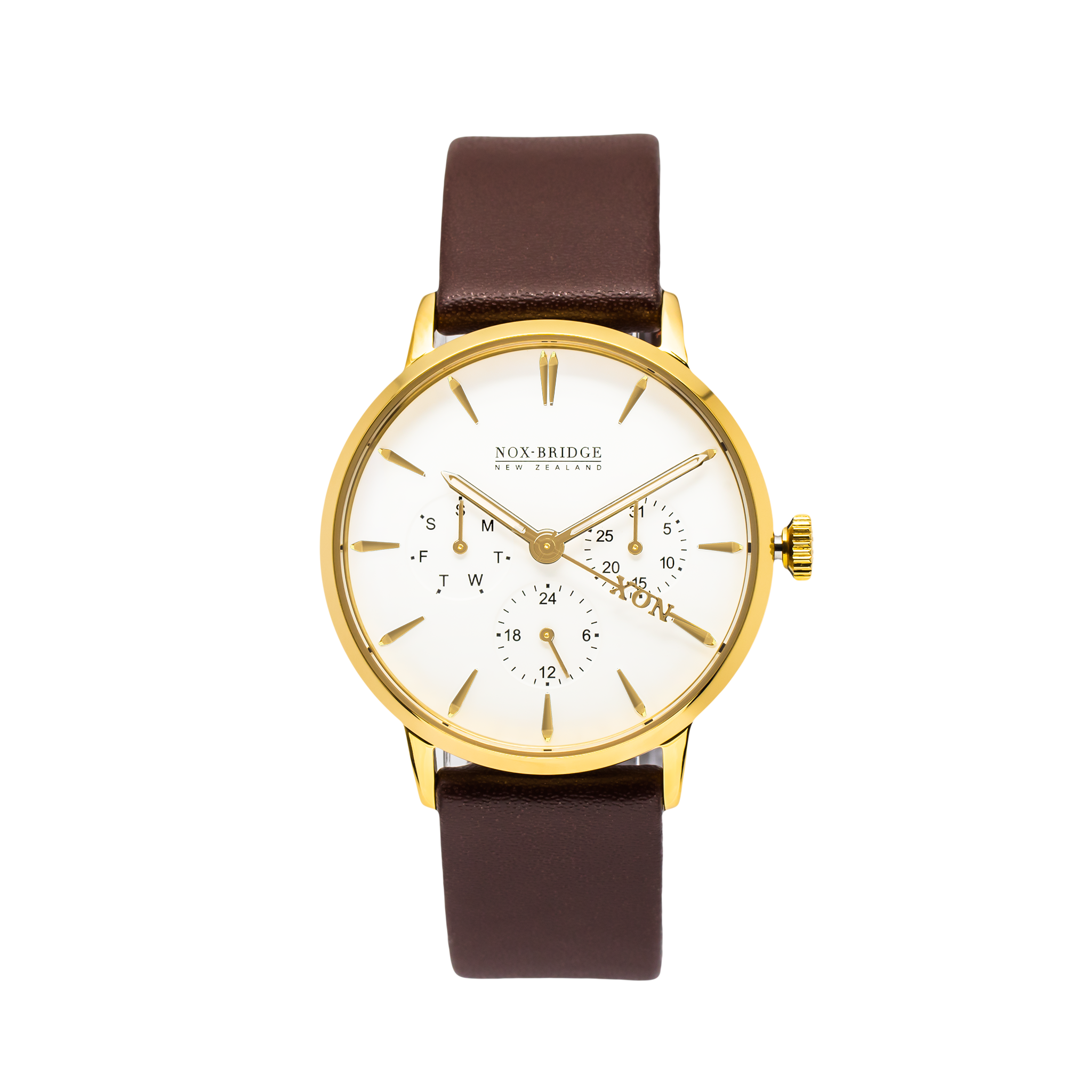 Noxbridge Classic Izar Gold 36MM watch with gold case and brown leather strap