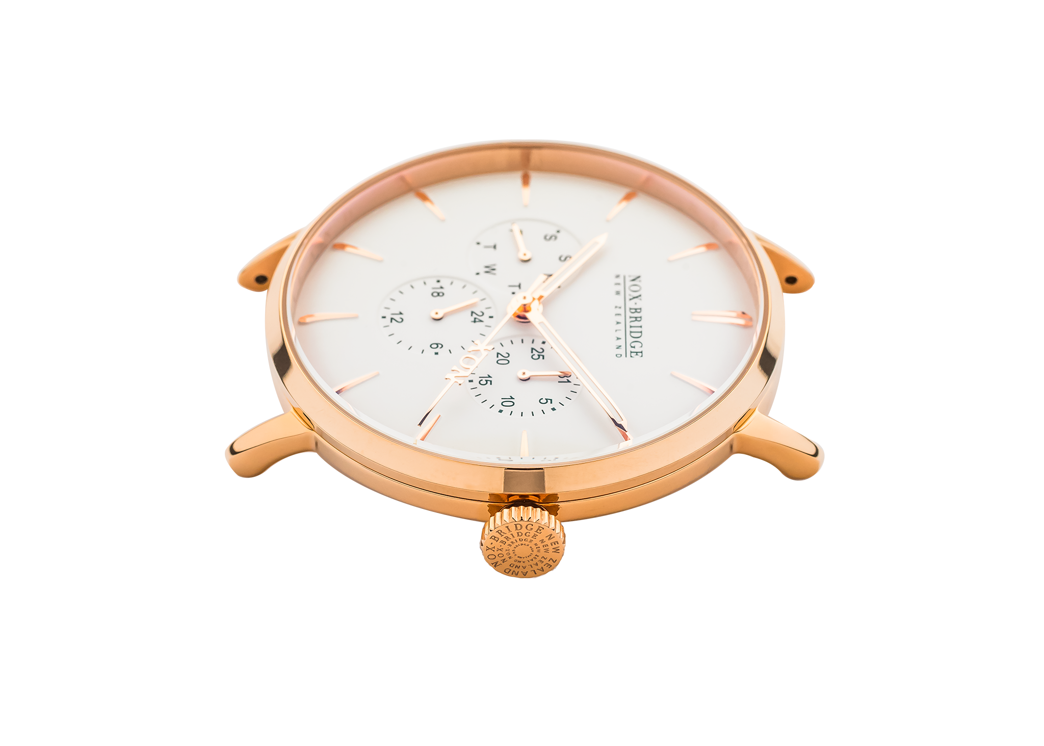 Noxbridge Classic Izar 36MM rose gold chronograph watch viewed from above showing full case and dial
