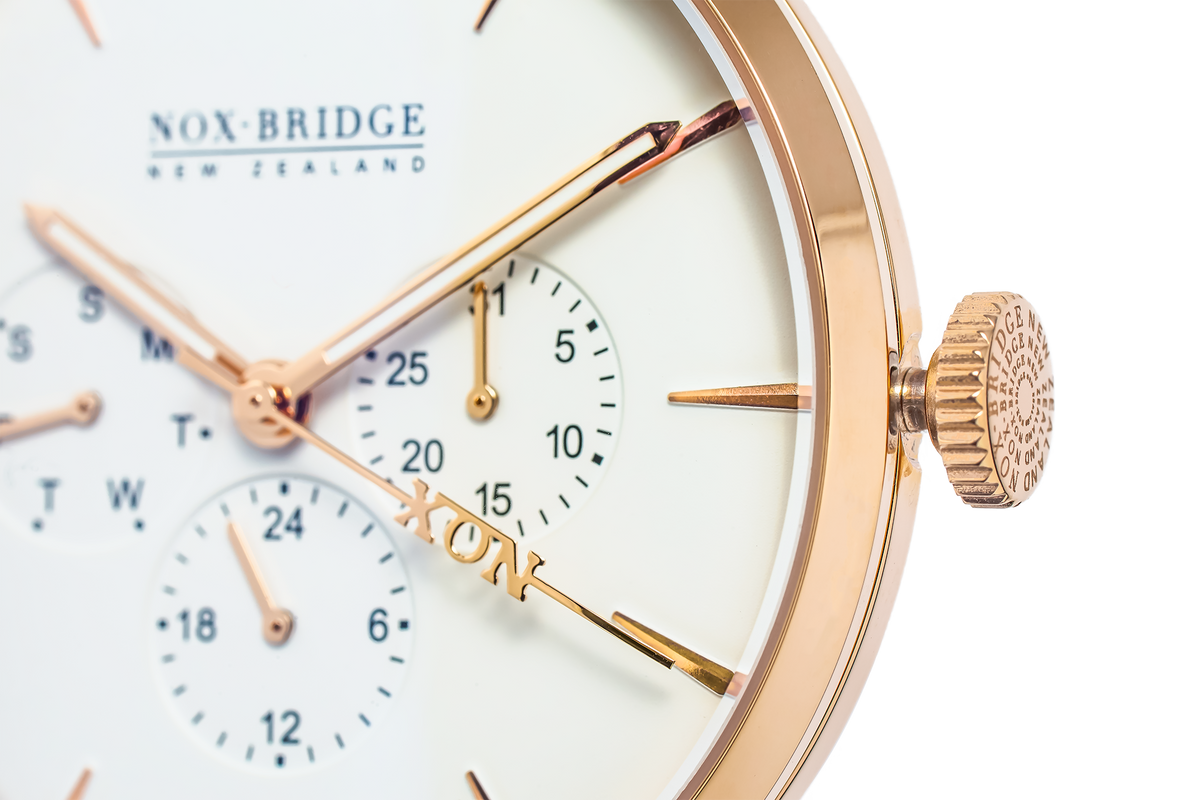 Close-up of Meissa dial showing chronograph subdials and rose gold hands