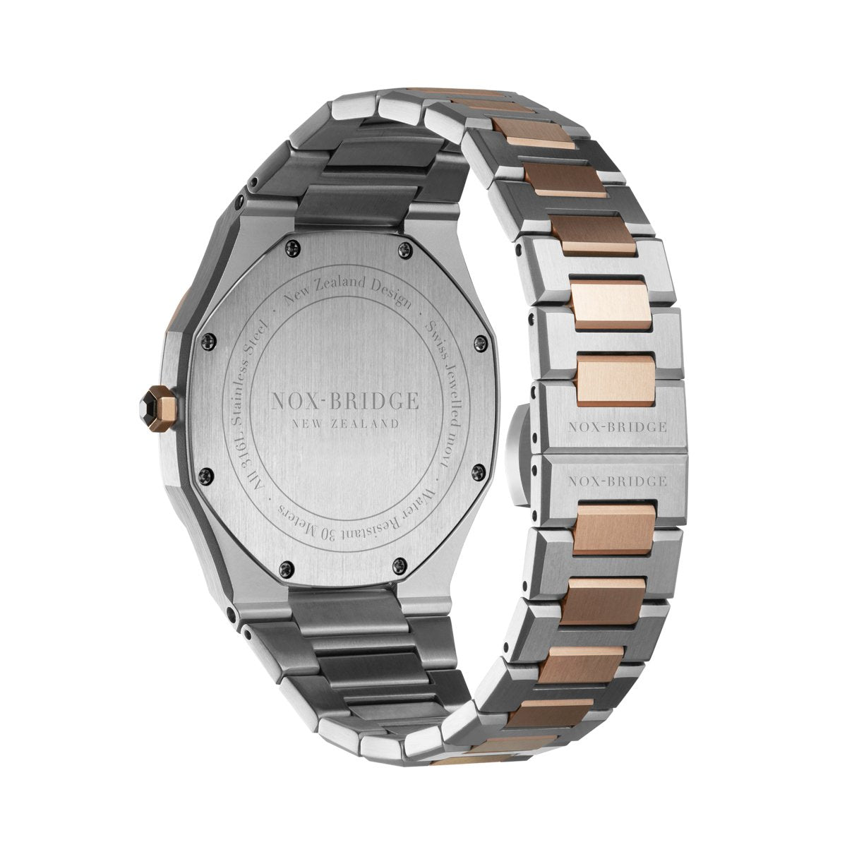 Noxbridge ECC40TT caseback with engraved text and two-tone stainless steel bracelet