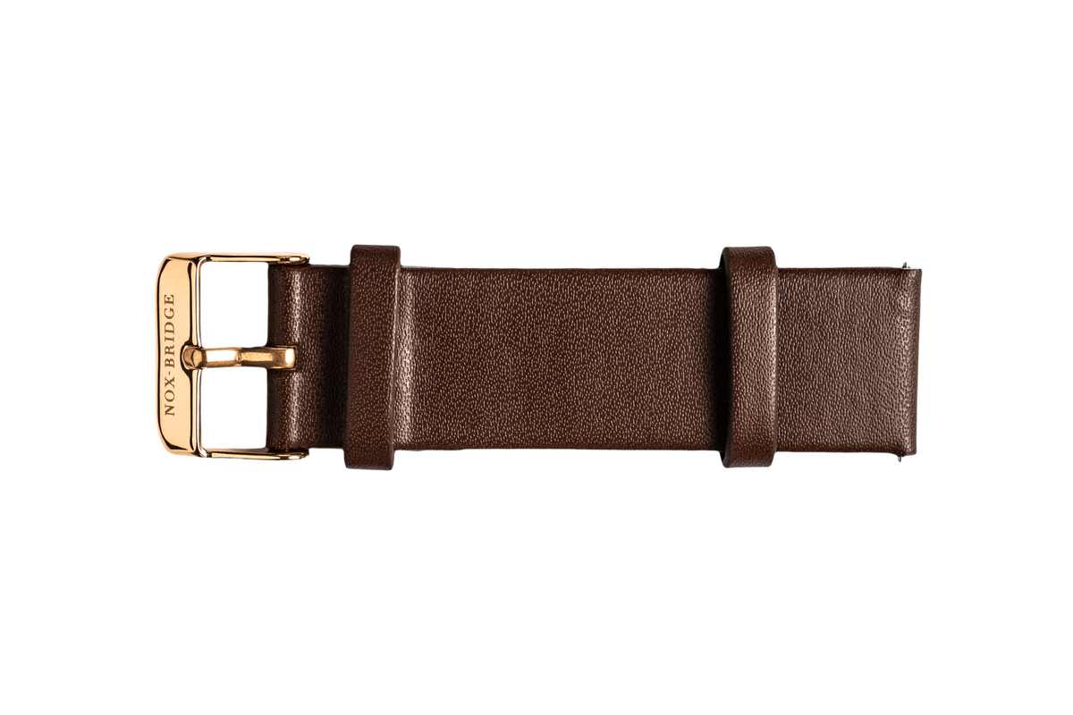 Dark brown vegan leather watch strap with gold-tone buckle, 20mm width