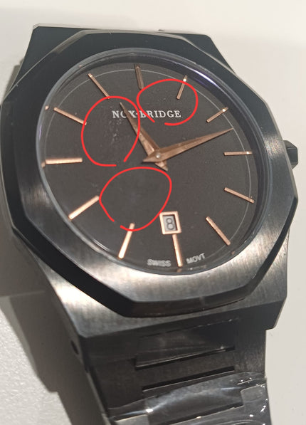 Noxbridge Revo ECC40B dial showing damaged glass cracks marked with red circles
