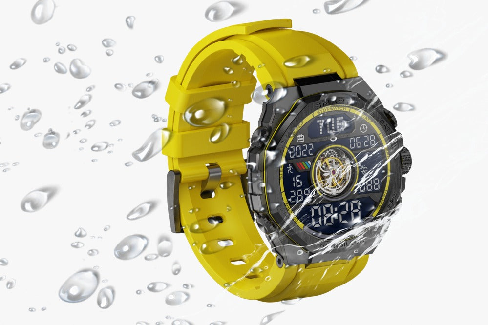Noxbridge Skyway watch at angle showing yellow perforated strap and black case with water droplets