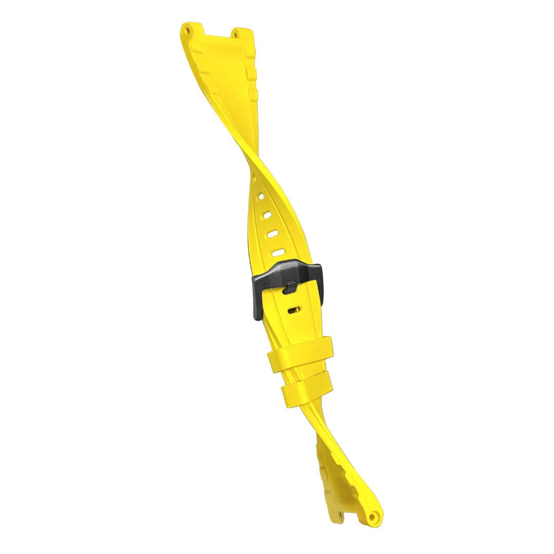 Yellow perforated rubber strap of Noxbridge Skyway watch with black buckle fastener