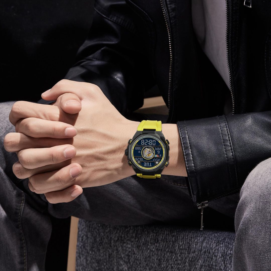 Noxbridge Skyway watch on wrist showing yellow strap and black case with digital display visible
