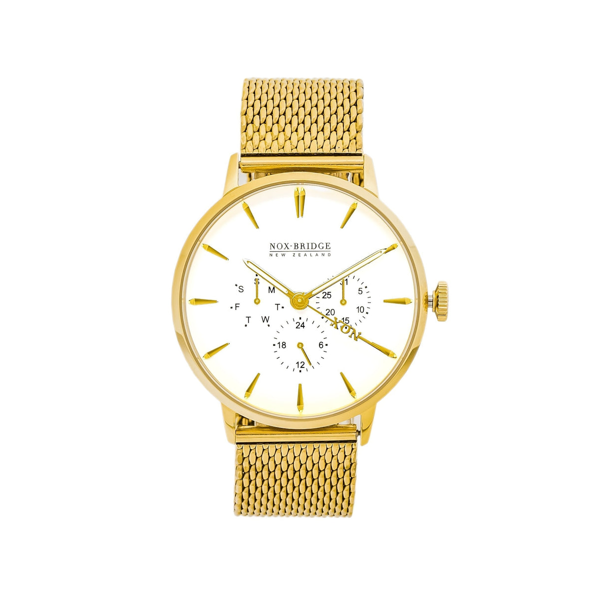 Noxbridge Supreme Vela gold 41mm watch with white dial and gold mesh strap