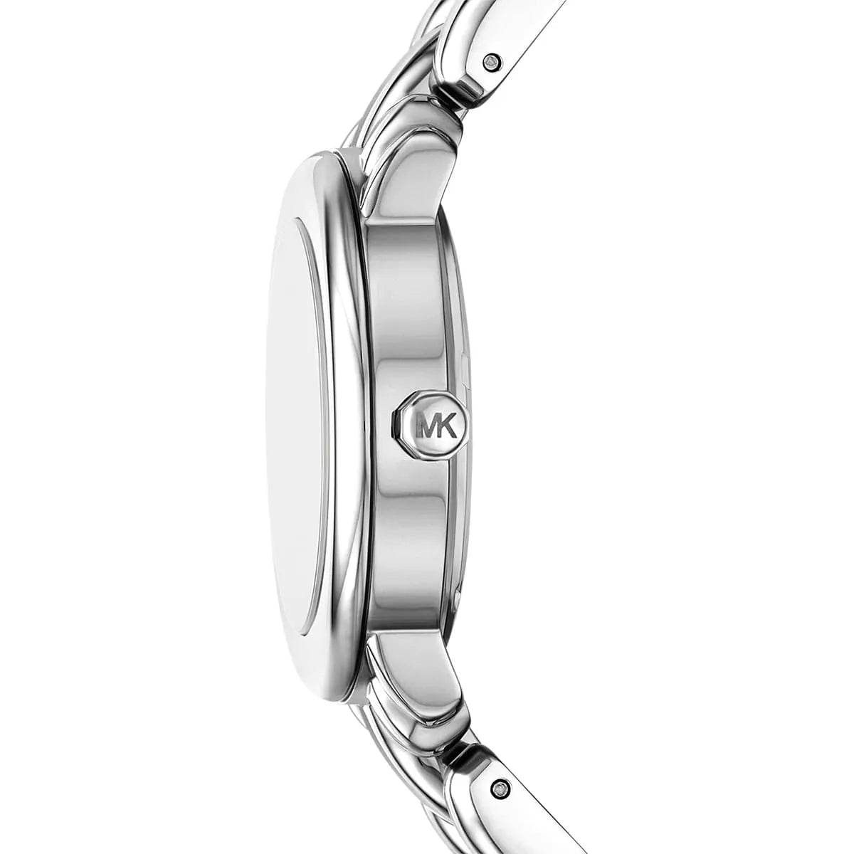 Phoebe watch angled view showing round case and stainless steel bracelet
