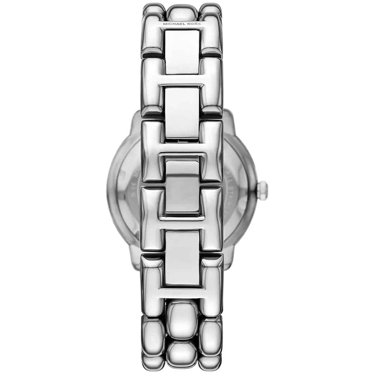 Phoebe watch side view showing silver stainless steel metal bracelet strap