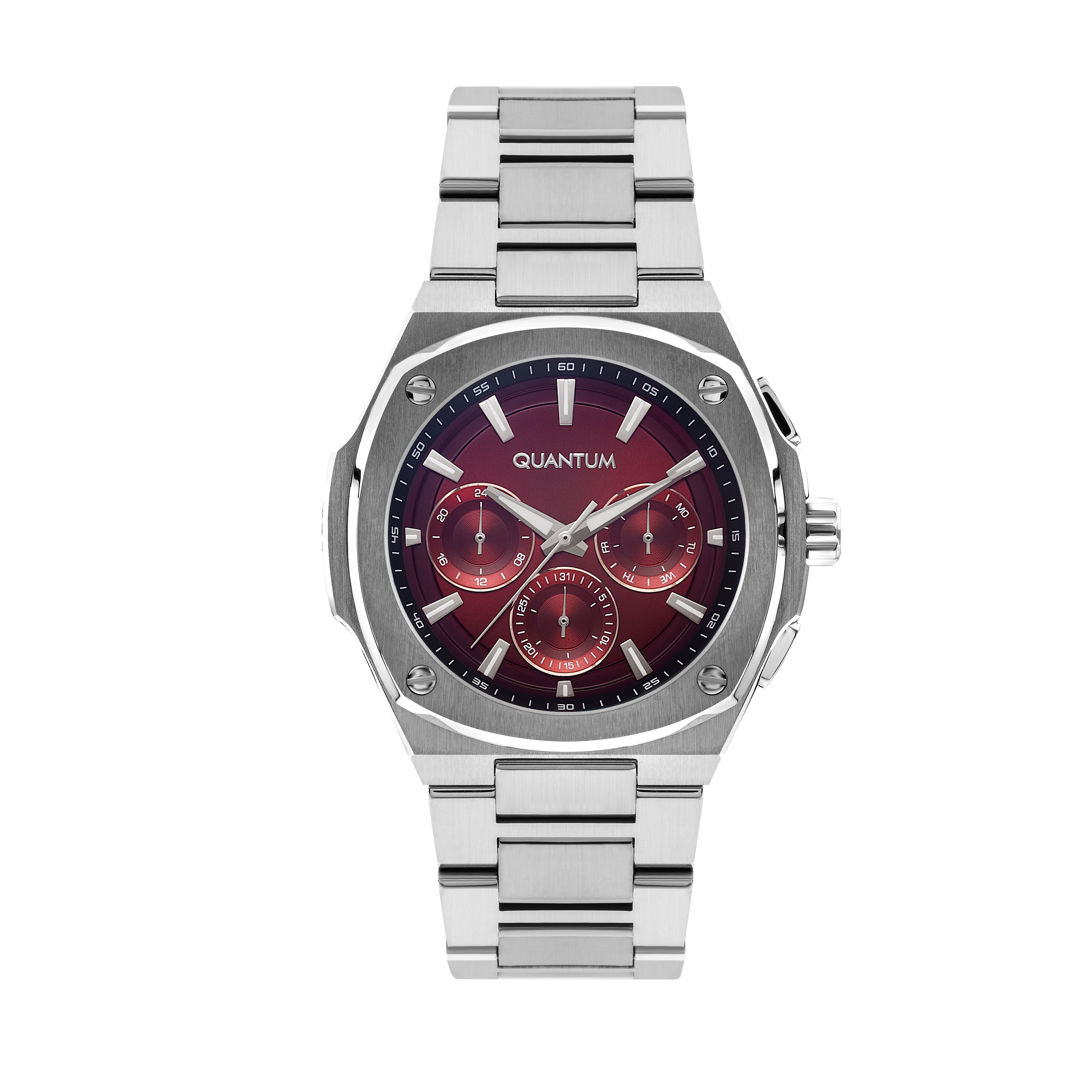 Quantum multifunction watch with red chronograph dial and silver steel bracelet