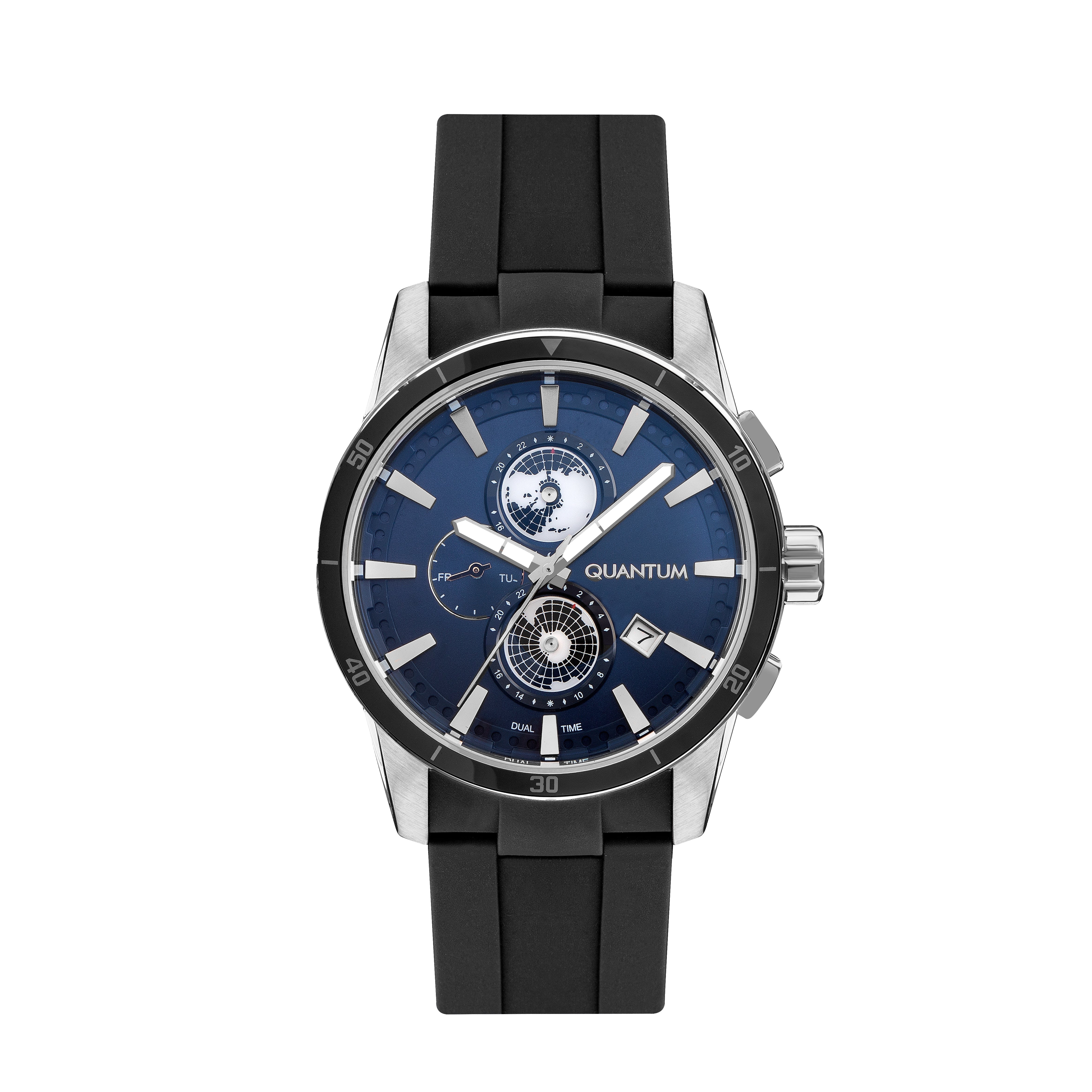 Quantum Dual Time World Watch ADG991.391 with blue dial and black silicone strap
