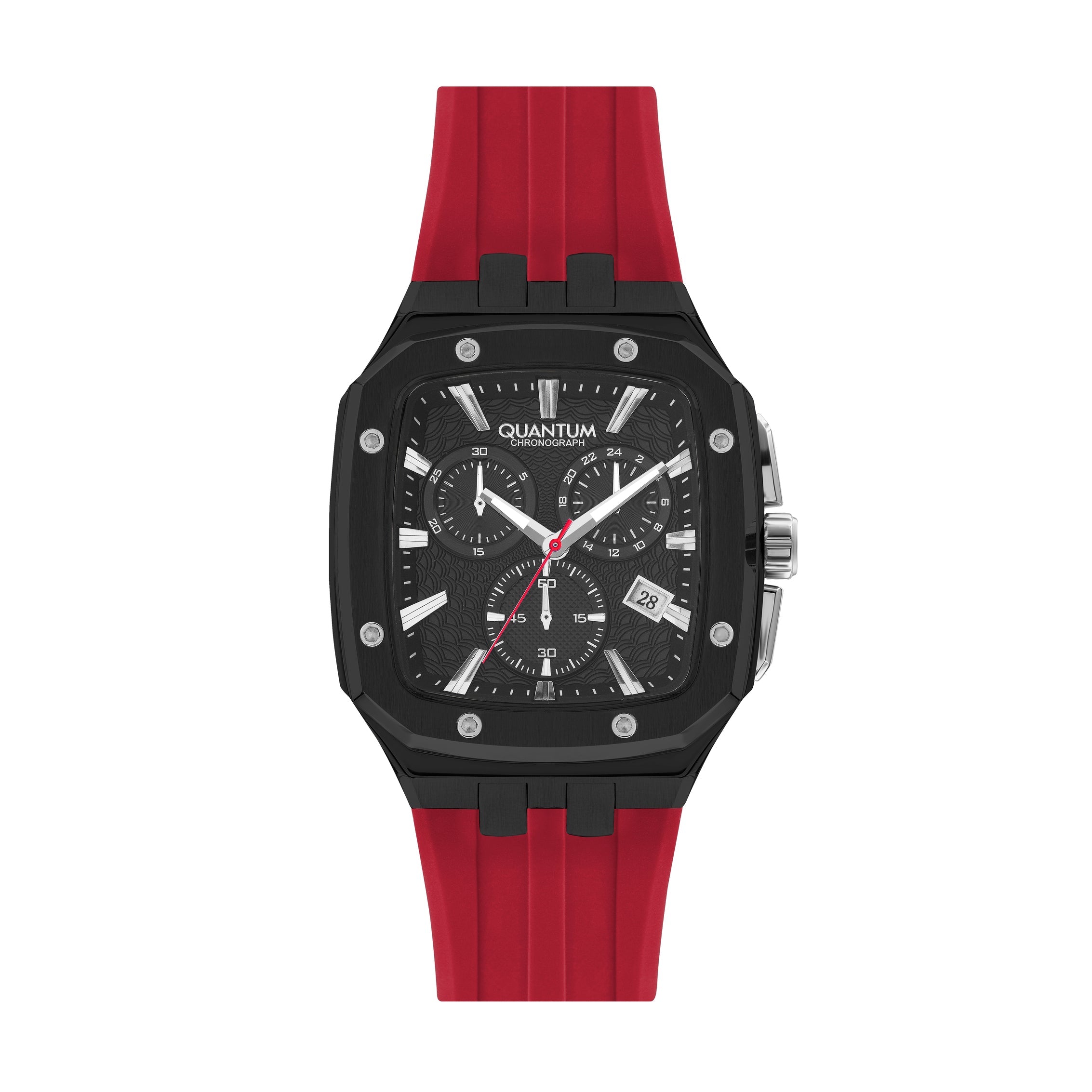 Quantum chronograph square watch with black dial and red rubber strap