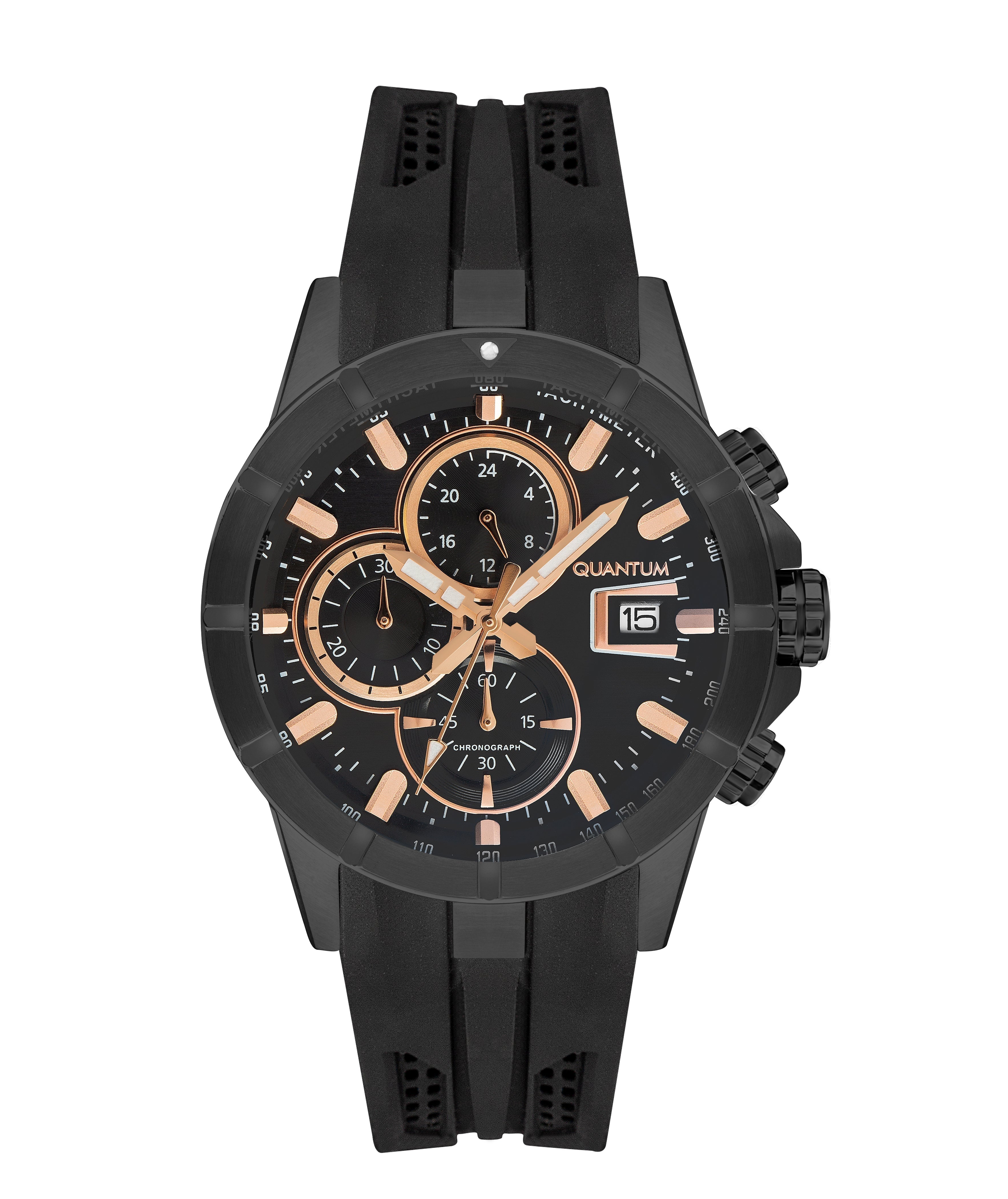 Black chronograph watch with rose gold accents, silicone strap, and date window