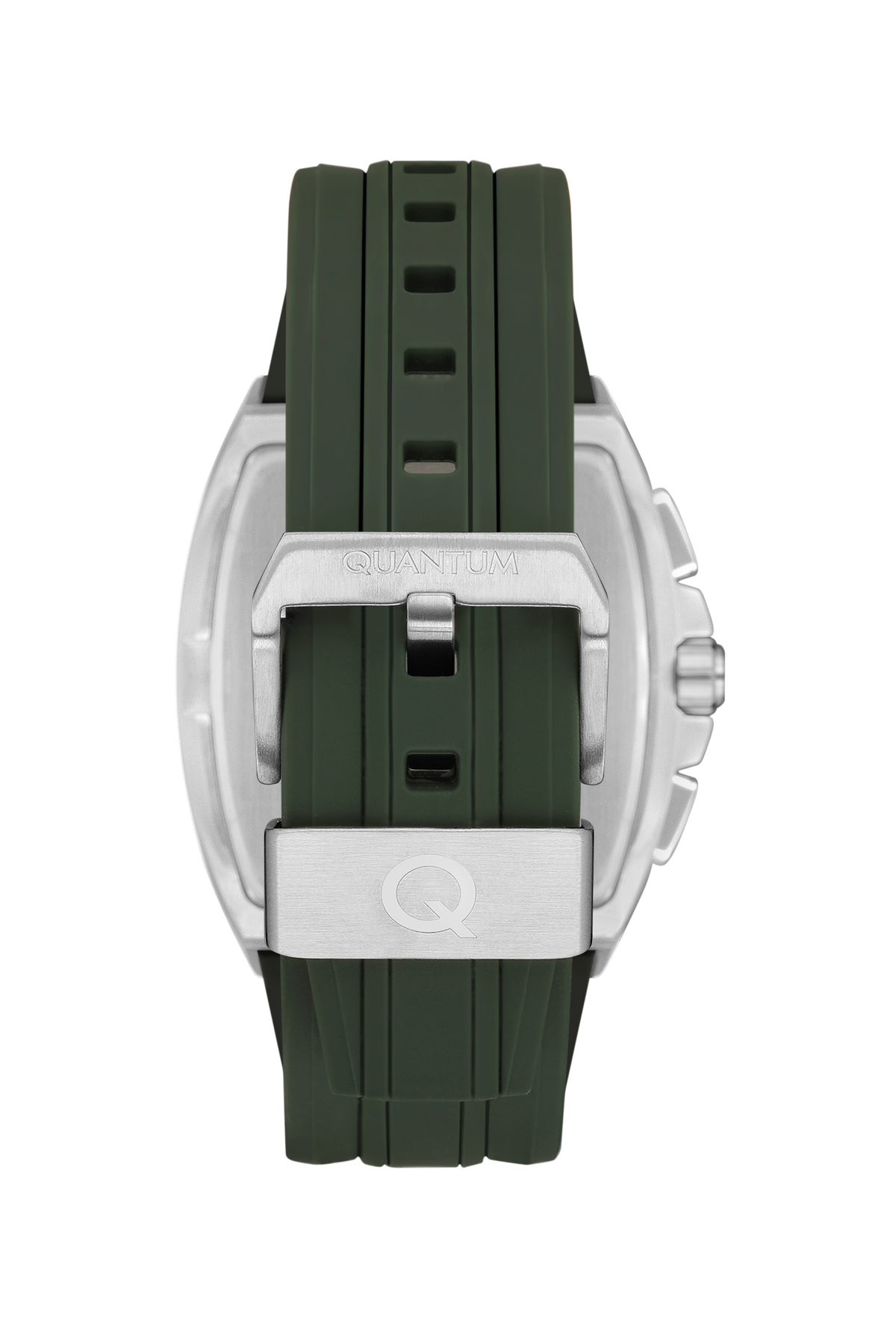 Quantum watch green silicone strap with silver case clasp detail