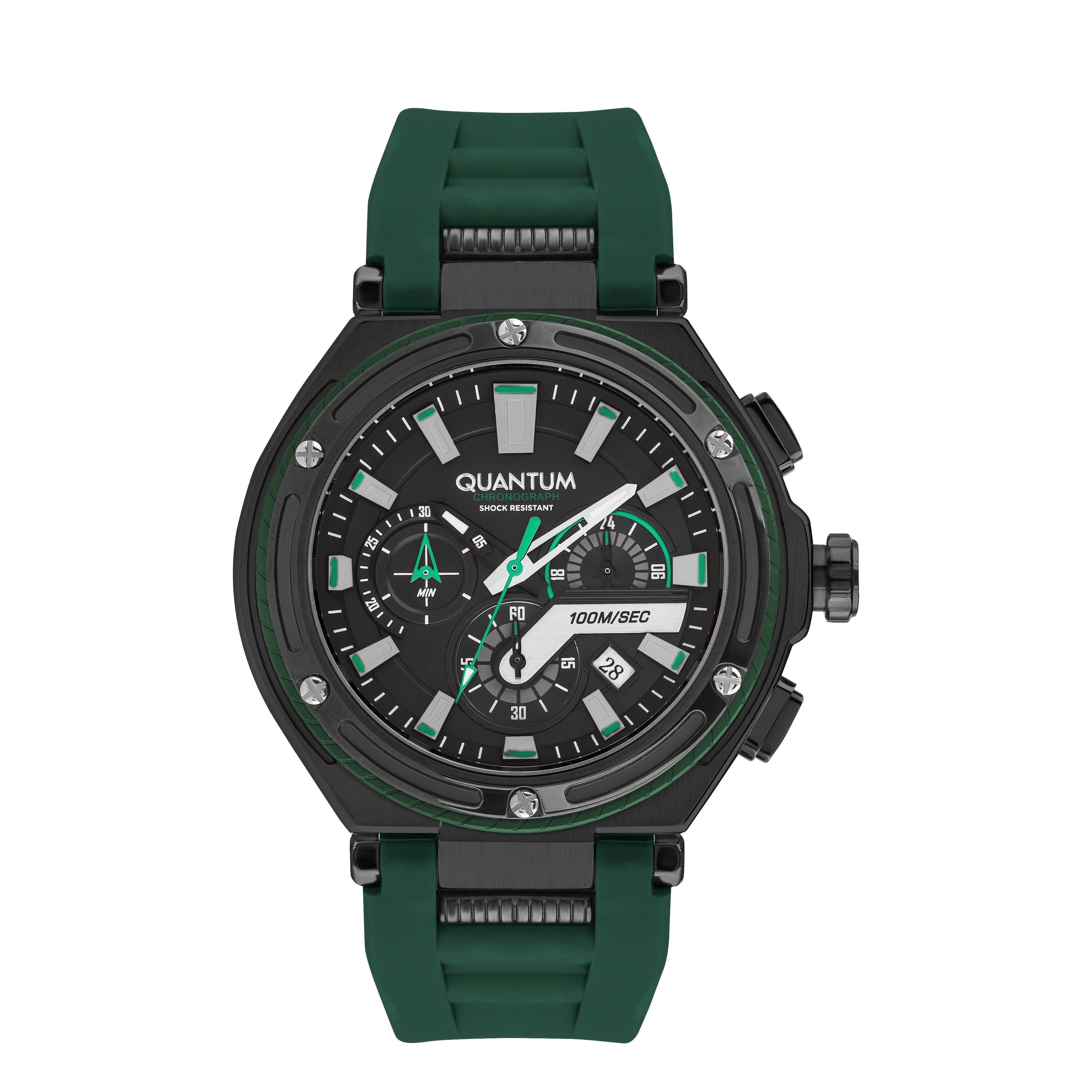 Quantum Hunter chronograph watch with black dial, green silicone strap, and date window