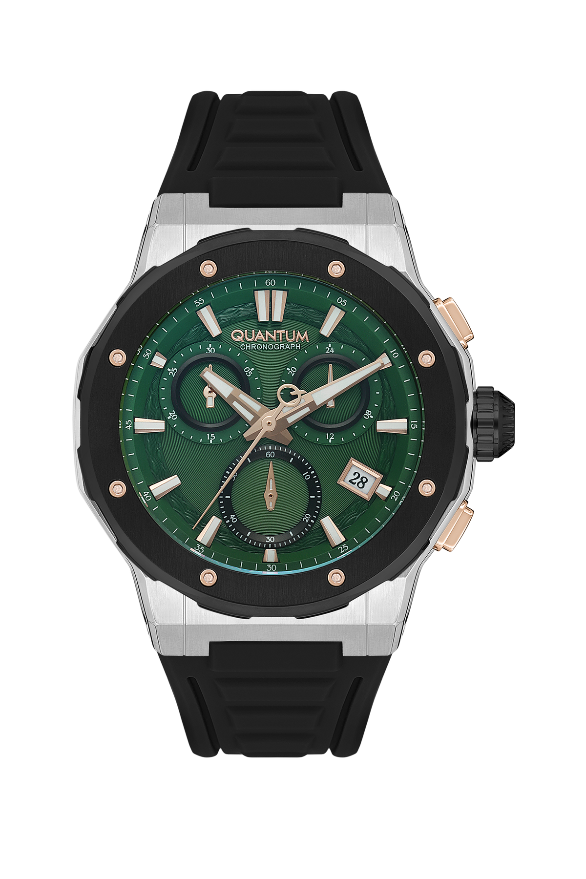 Quantum Hunter chronograph watch with green dial, black rubber strap, and silver case