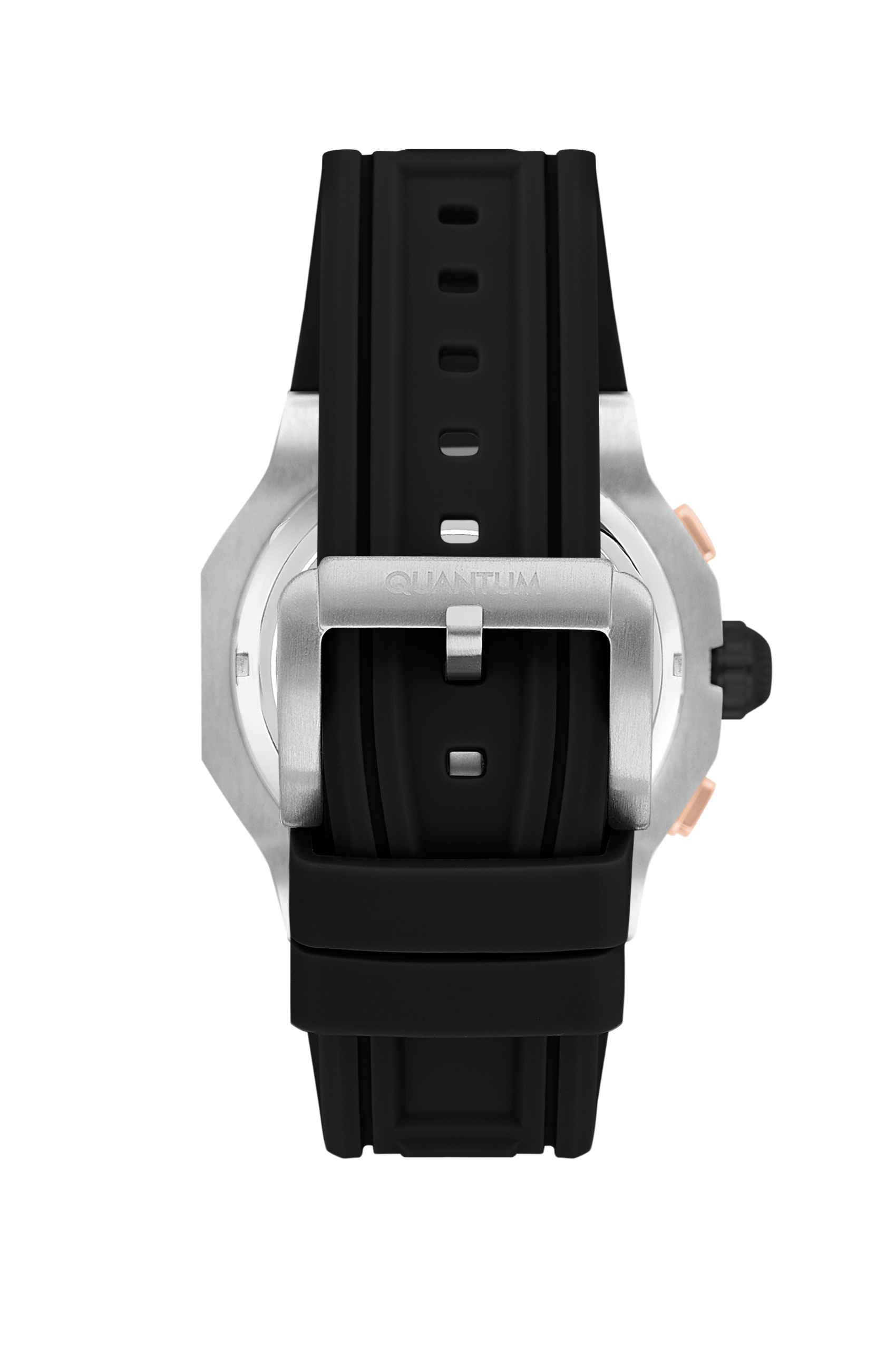Quantum Hunter chronograph watch strap detail with black rubber and push button adjustment