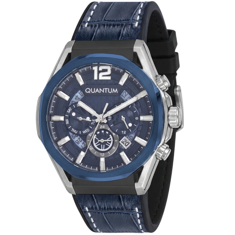 Quantum Powertech chronograph watch with blue dial, silver case, and blue leather strap on white background