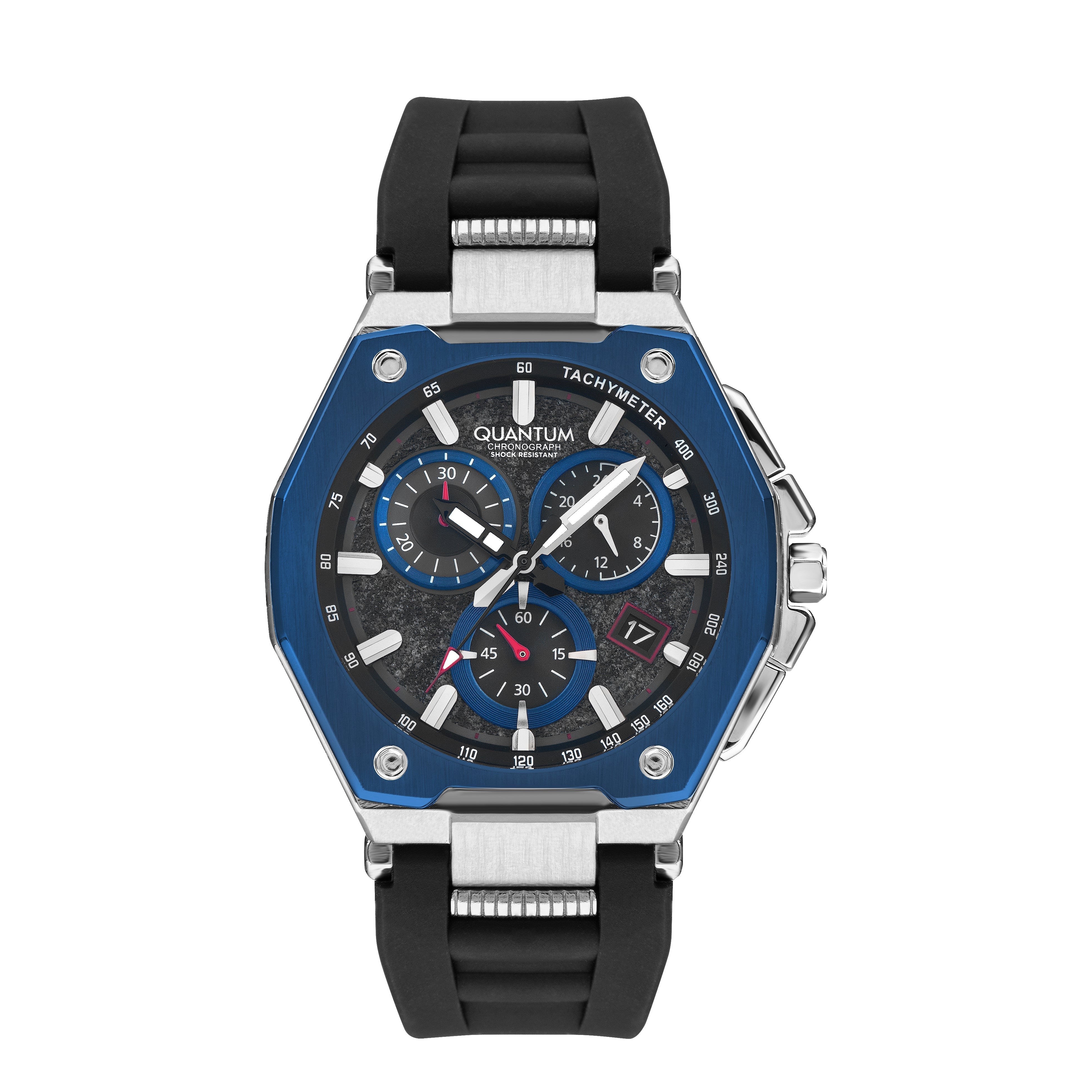 Quantum chronograph watch with blue case, multicolor dial, black silicone strap, and date window