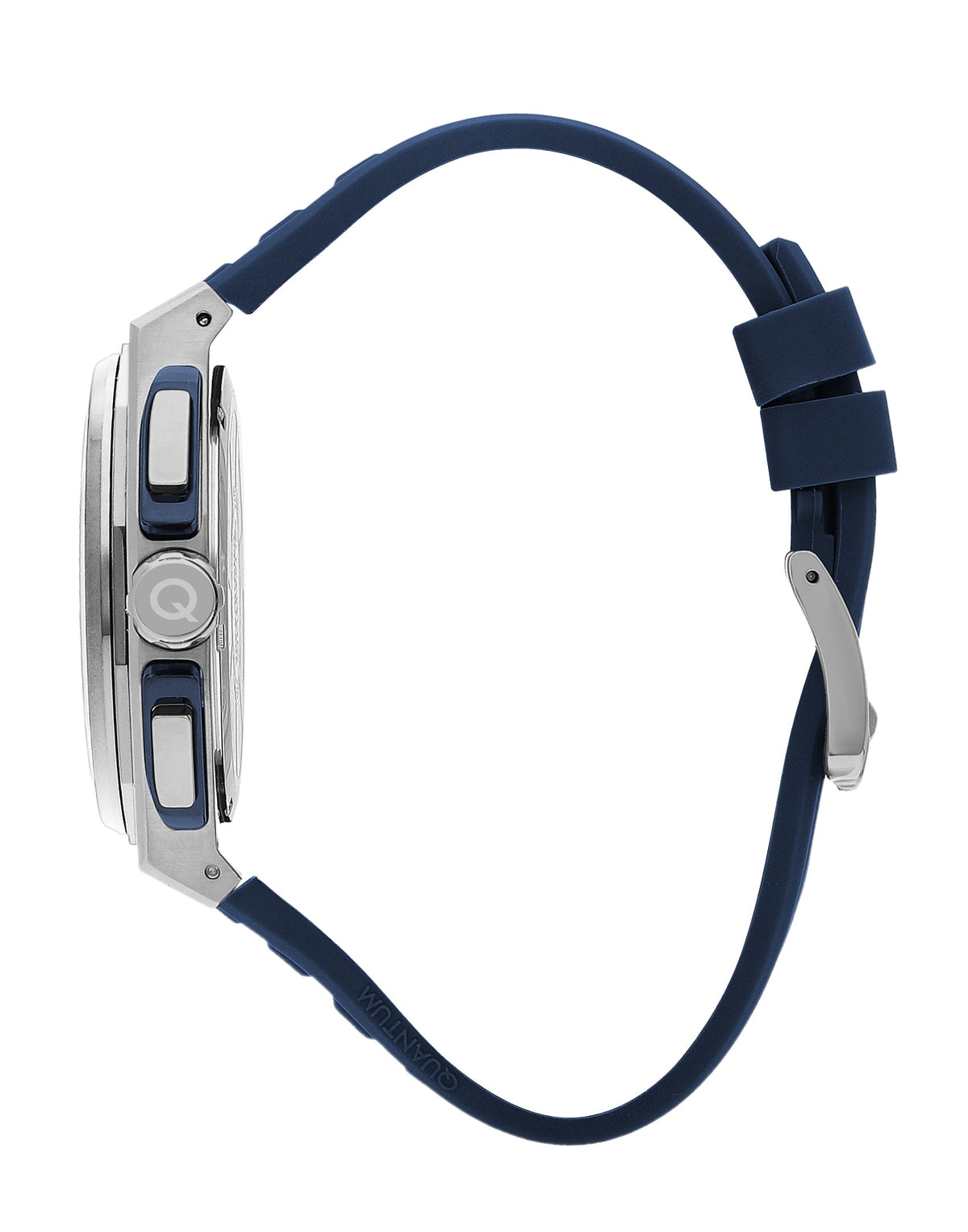 Quantum PWG1078 watch side view showing silver case and navy silicone strap