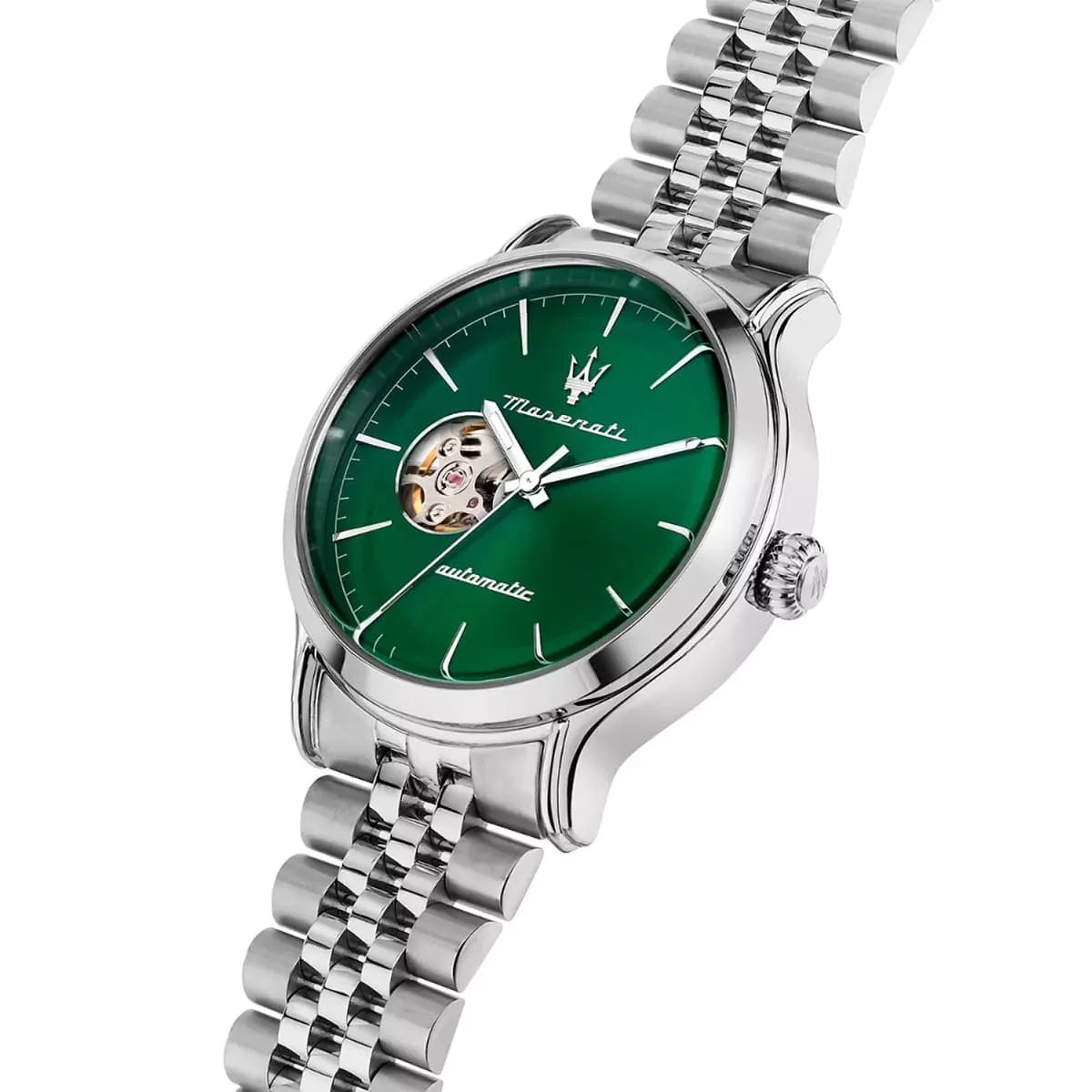 Maserati Epoca watch at angle showing green dial and stainless steel case profile