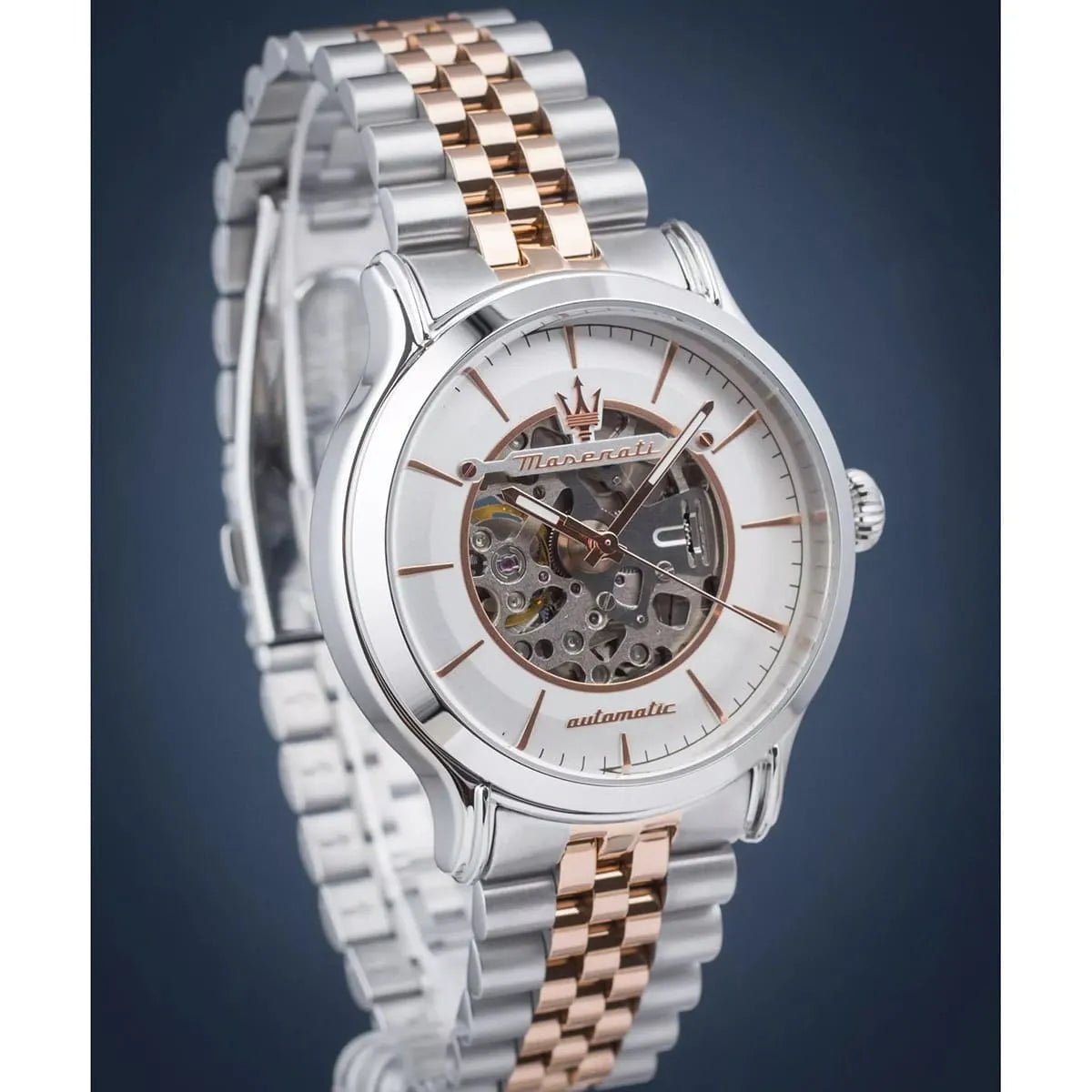 Maserati Epoca angled view highlighting skeleton dial and two-tone bracelet