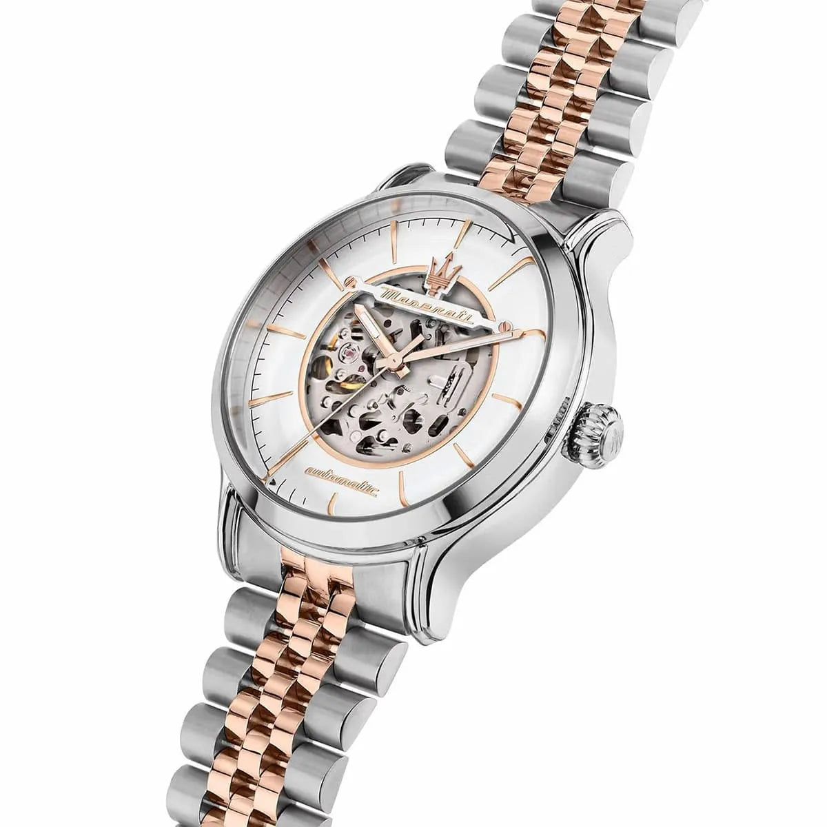 Maserati Epoca watch angled view showing skeleton dial and two-tone bracelet