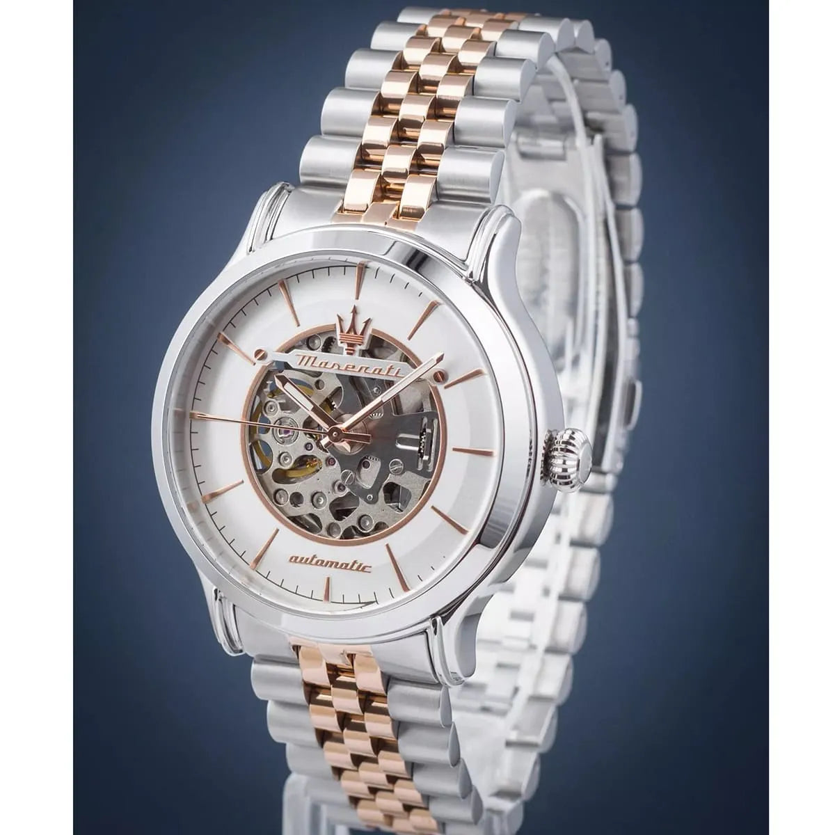 Maserati Epoca automatic watch front view with white dial and rose gold accents