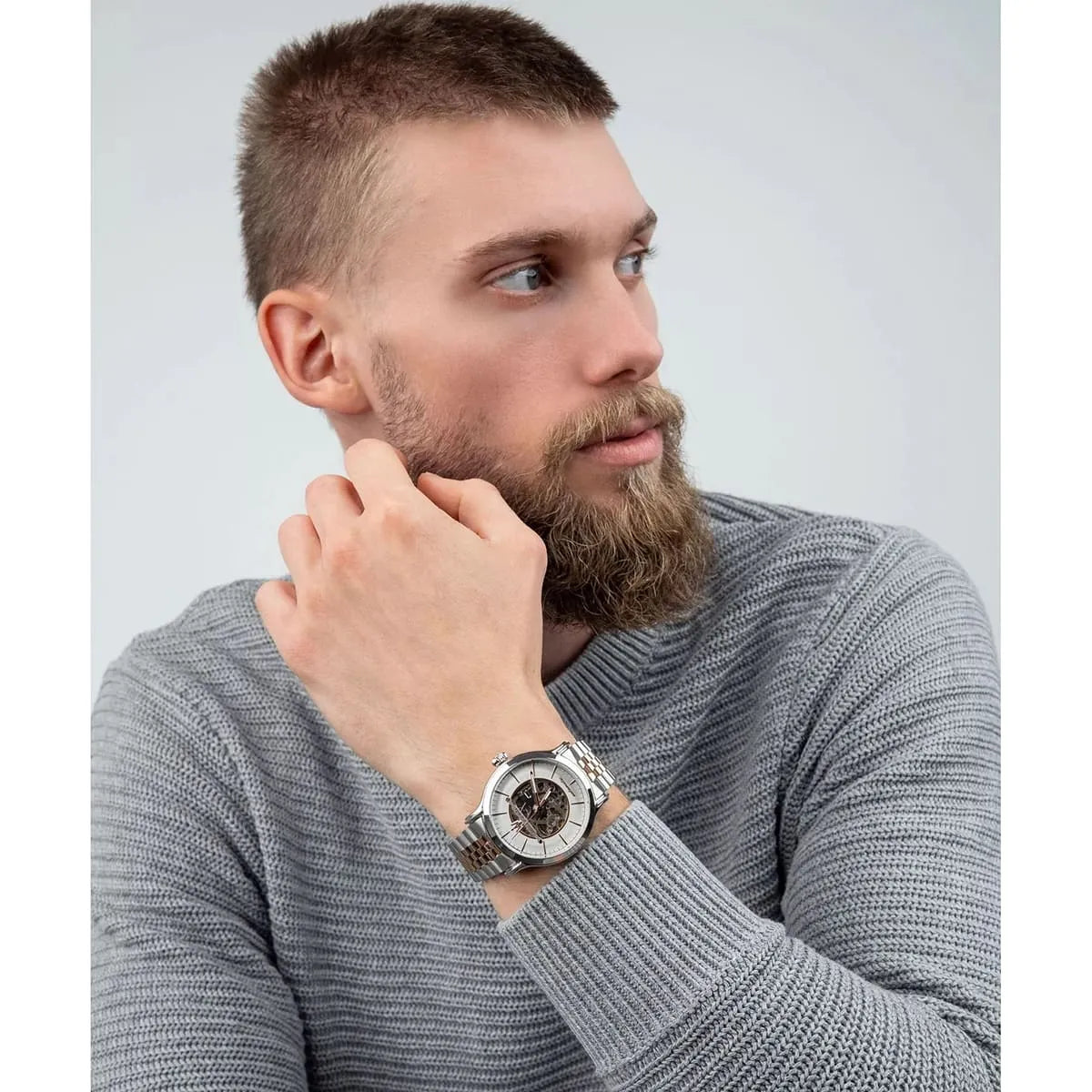 Maserati Epoca automatic watch on wrist with skeleton dial visible