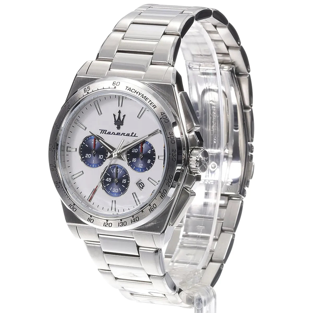 Maserati Velocità watch angle view showing white dial, blue subdials, and metal bracelet