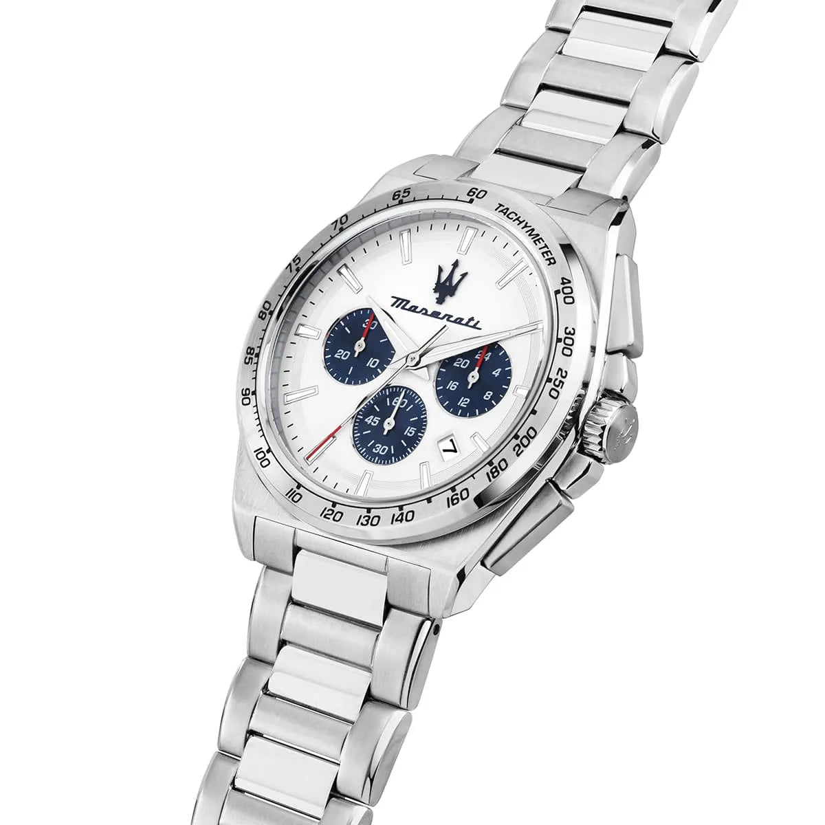 Maserati Velocità watch three-quarter view showing chronograph subdials and metal bracelet