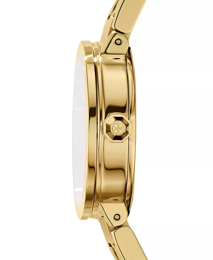 Side profile of Reva watch showing gold-tone case and bracelet clasp