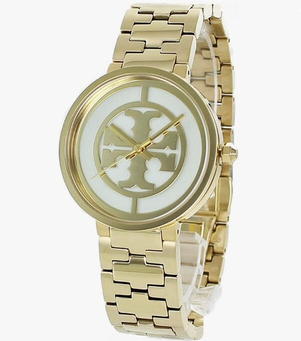 Angled view of Reva gold-tone watch with logo dial and bracelet