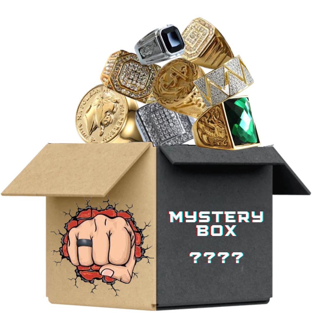 Mystery box containing 10 assorted rings in gold, silver, and gemstone designs