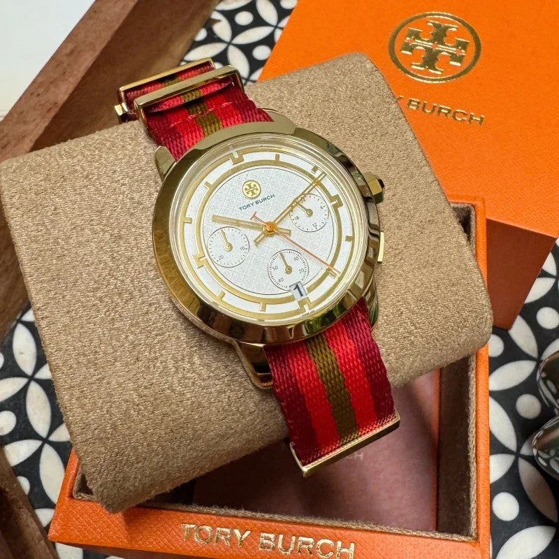 Tory Burch The Tory Chronograph White Dial Tri Tone NATO Strap Watch for Women - TBW1036