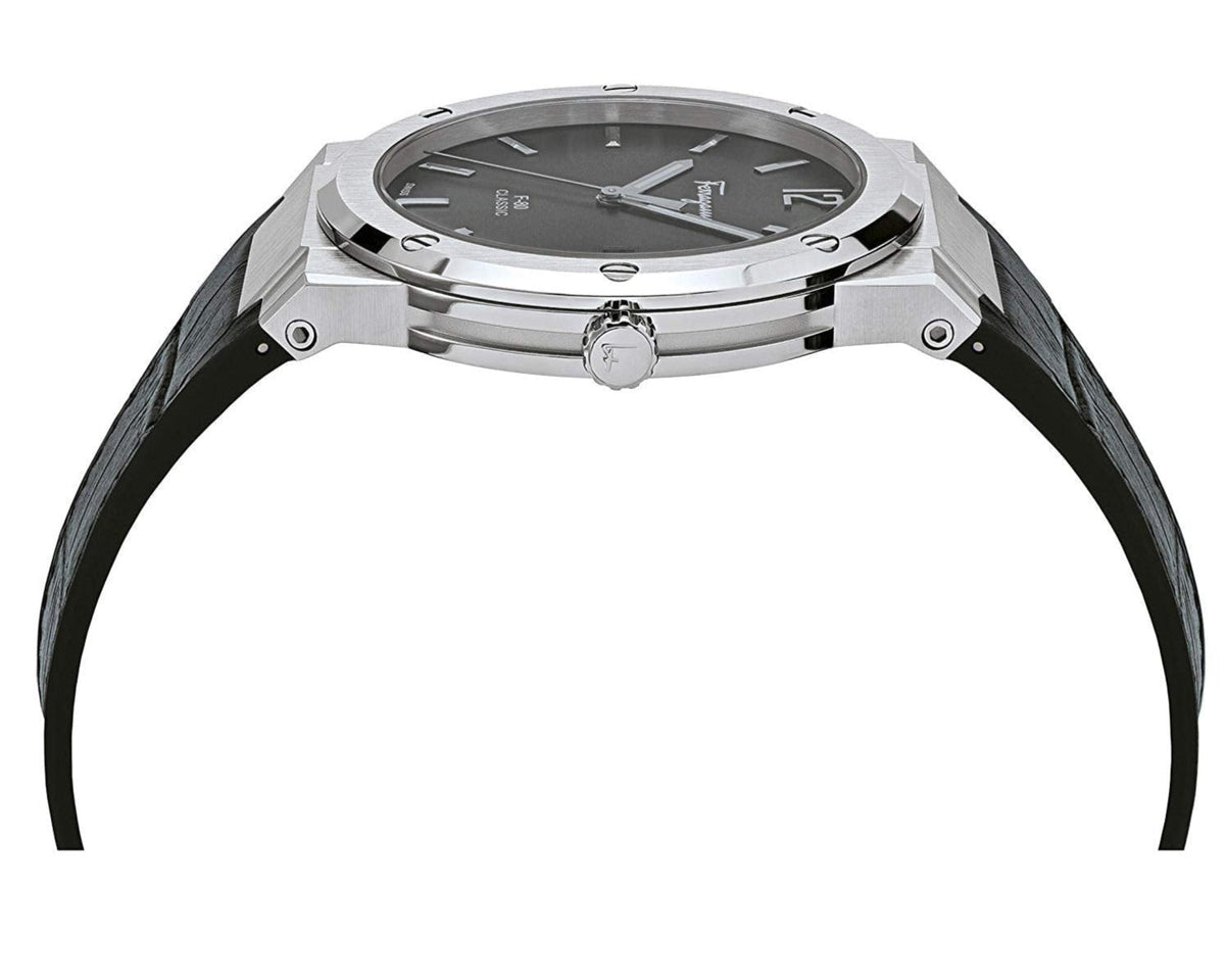 F-80 Classic watch angled view with silver case and black leather strap