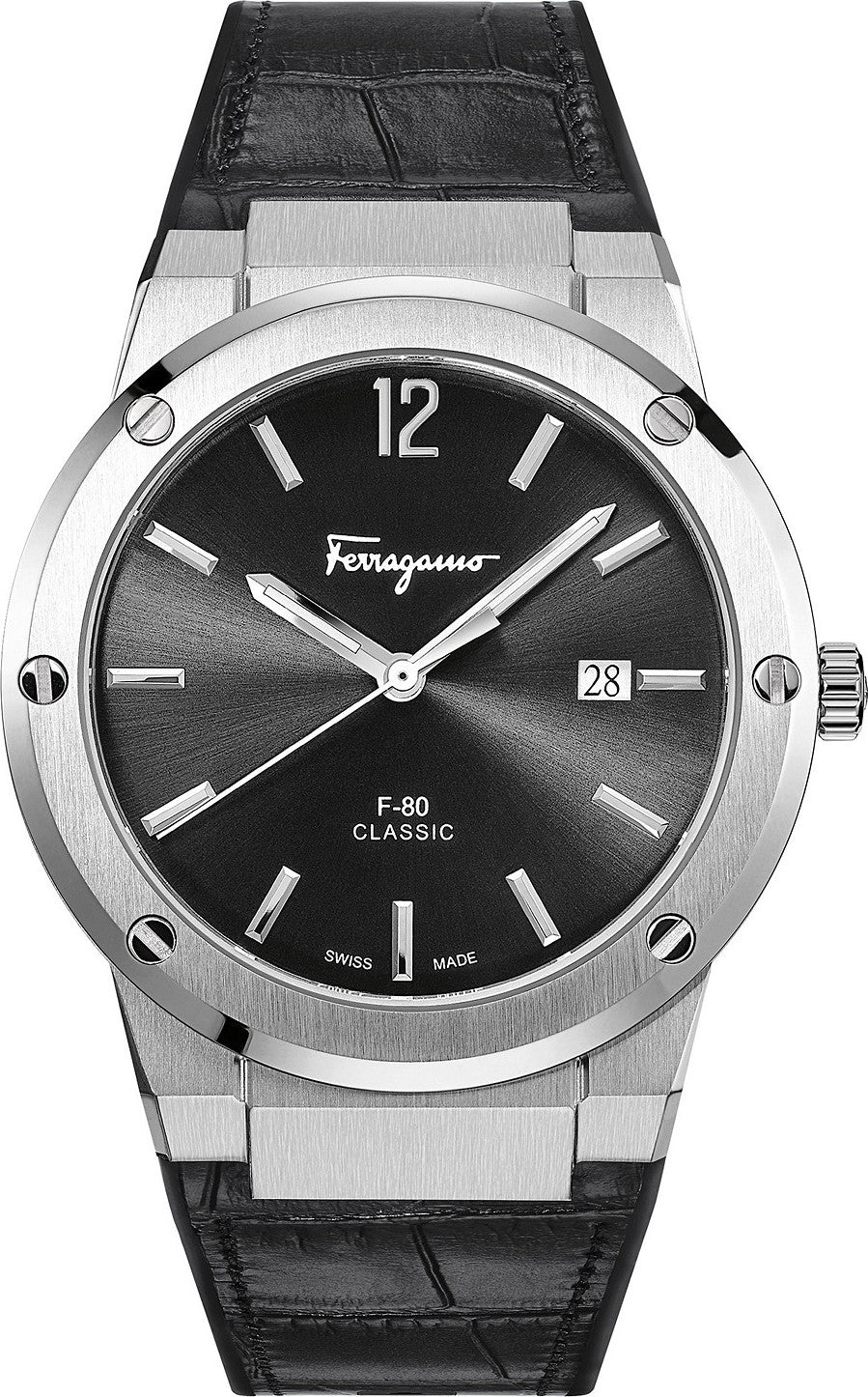 Salvatore Ferragamo F-80 Classic black dial watch with silver case and black leather strap