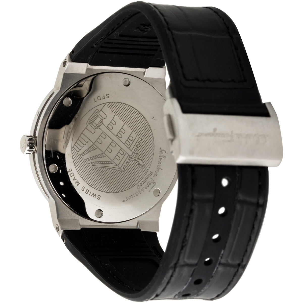 F-80 Classic caseback showing Swiss movement and Ferragamo engraving on steel back
