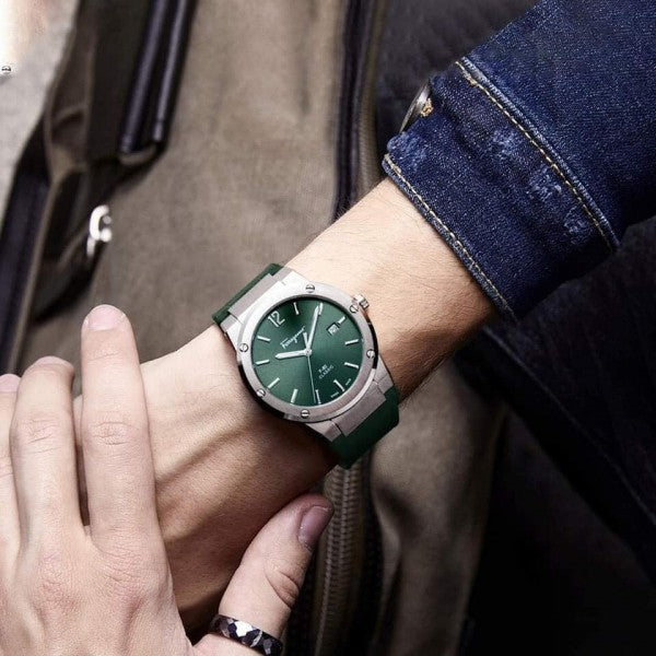 Salvatore Ferragamo F-80 Classic watch worn on wrist with green dial and strap