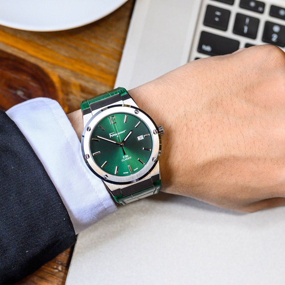 Salvatore Ferragamo F-80 Classic watch on wrist showing green dial and stainless steel bezel