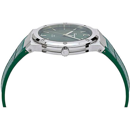 Side view of Salvatore Ferragamo F-80 Classic with stainless steel case and green leather strap