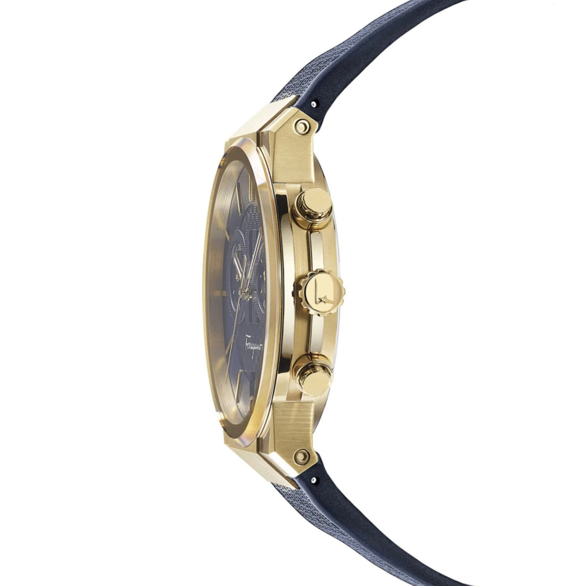 Salvatore Ferragamo Sapphire watch side view showing gold case and blue strap