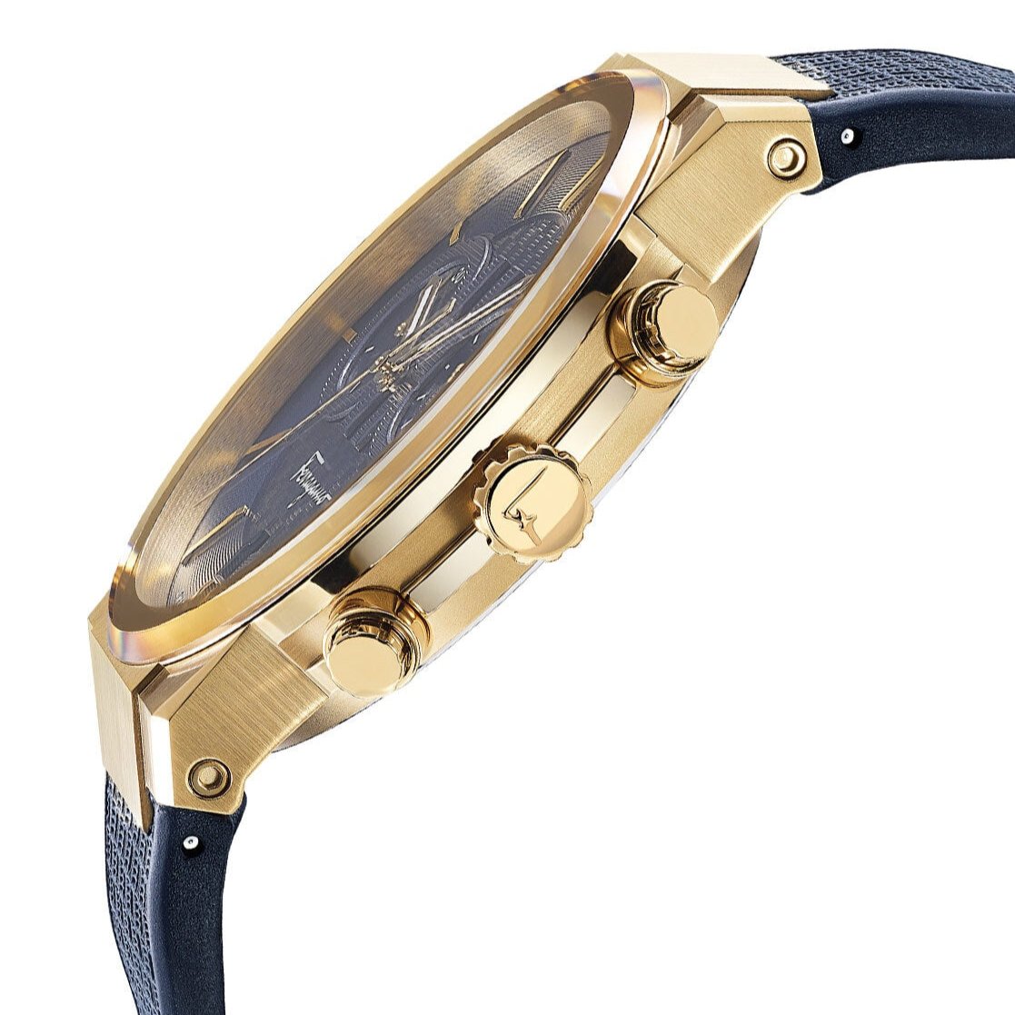 Salvatore Ferragamo Sapphire chronograph showing case profile and pushers