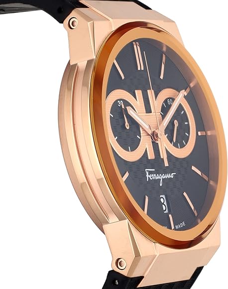 Side angle view of Salvatore Ferragamo Sapphire chrono watch showing case profile