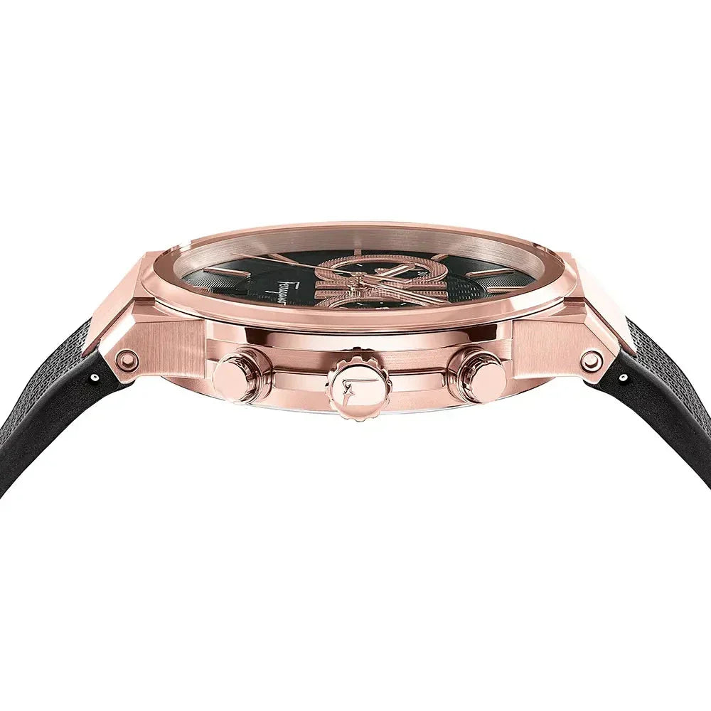 Close-up detail of Salvatore Ferragamo Sapphire chrono dial with chronograph subdials