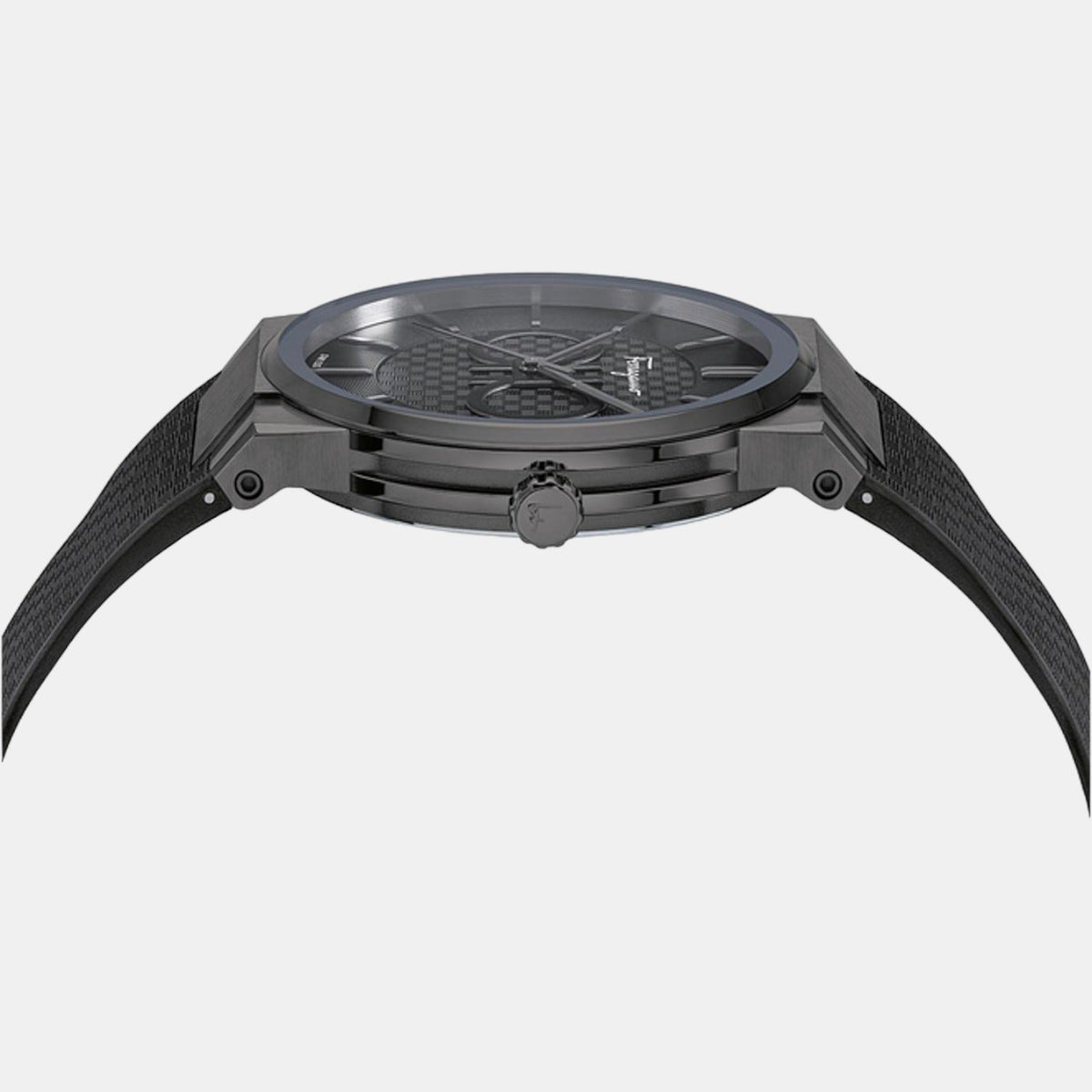 Overhead view of Ferragamo Sapphire chronograph watch displaying case and strap