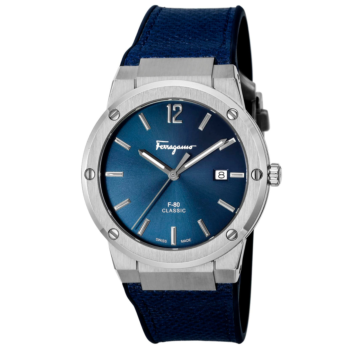 Salvatore Ferragamo F-80 Classic blue dial watch with silver bezel and navy strap