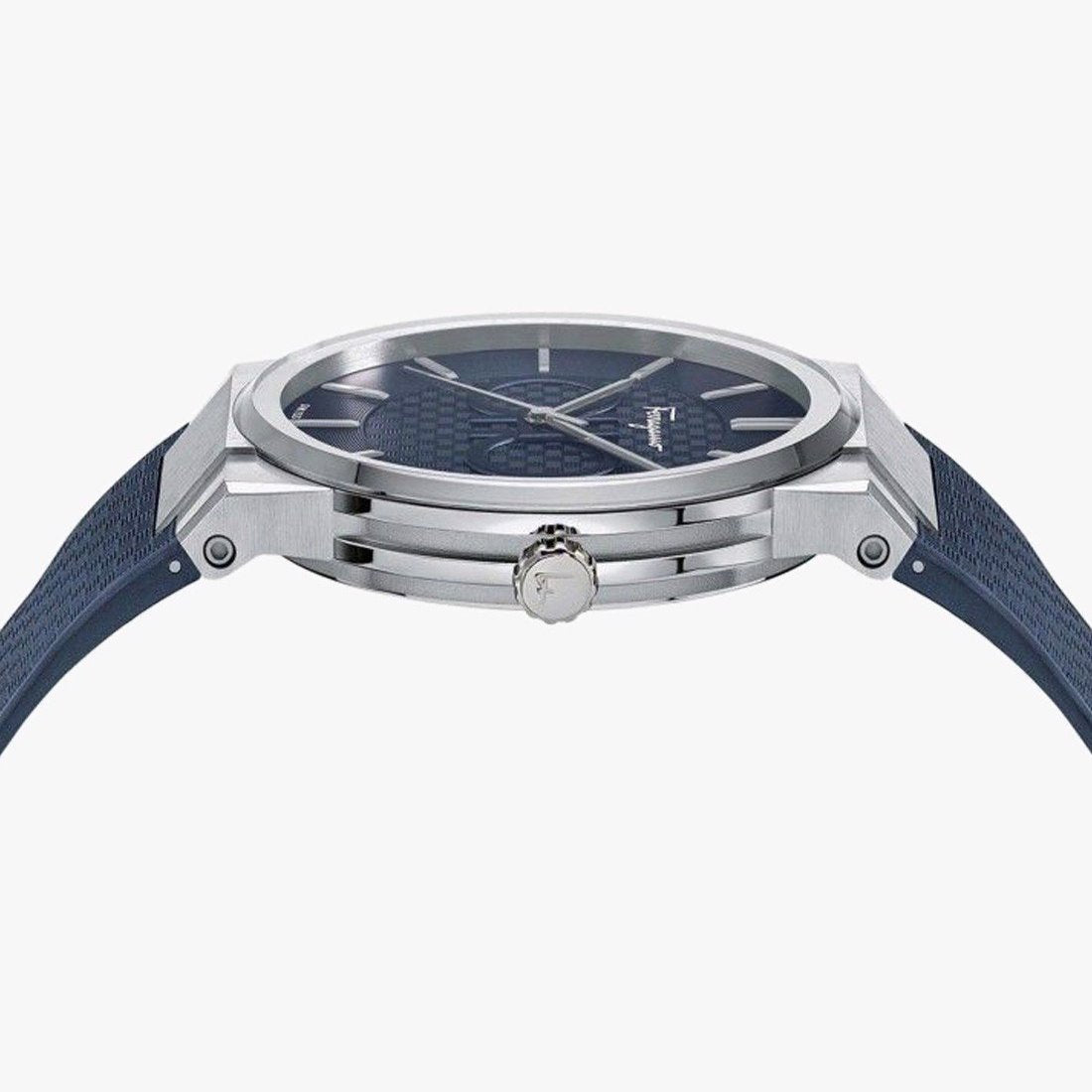 Watch viewed from top angle showing case profile and crown detail with blue strap