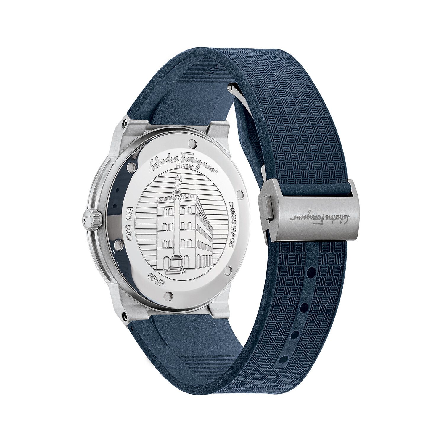 Caseback showing Salvatore Ferragamo engraving and architectural Gancini motif design